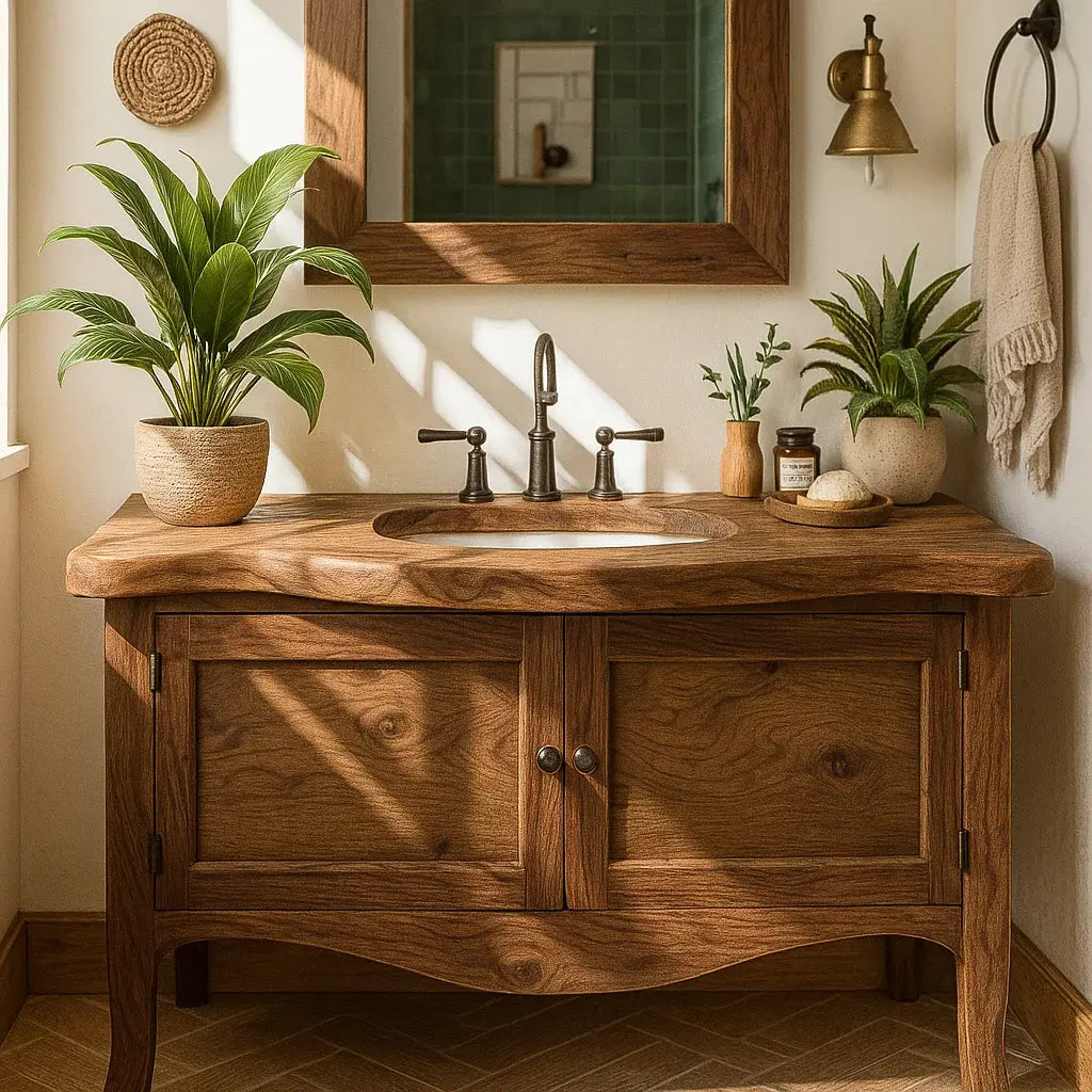 Handcrafted Solid Wood Bathroom Vanity with Curved Design and Double Door Storage Kitchnce