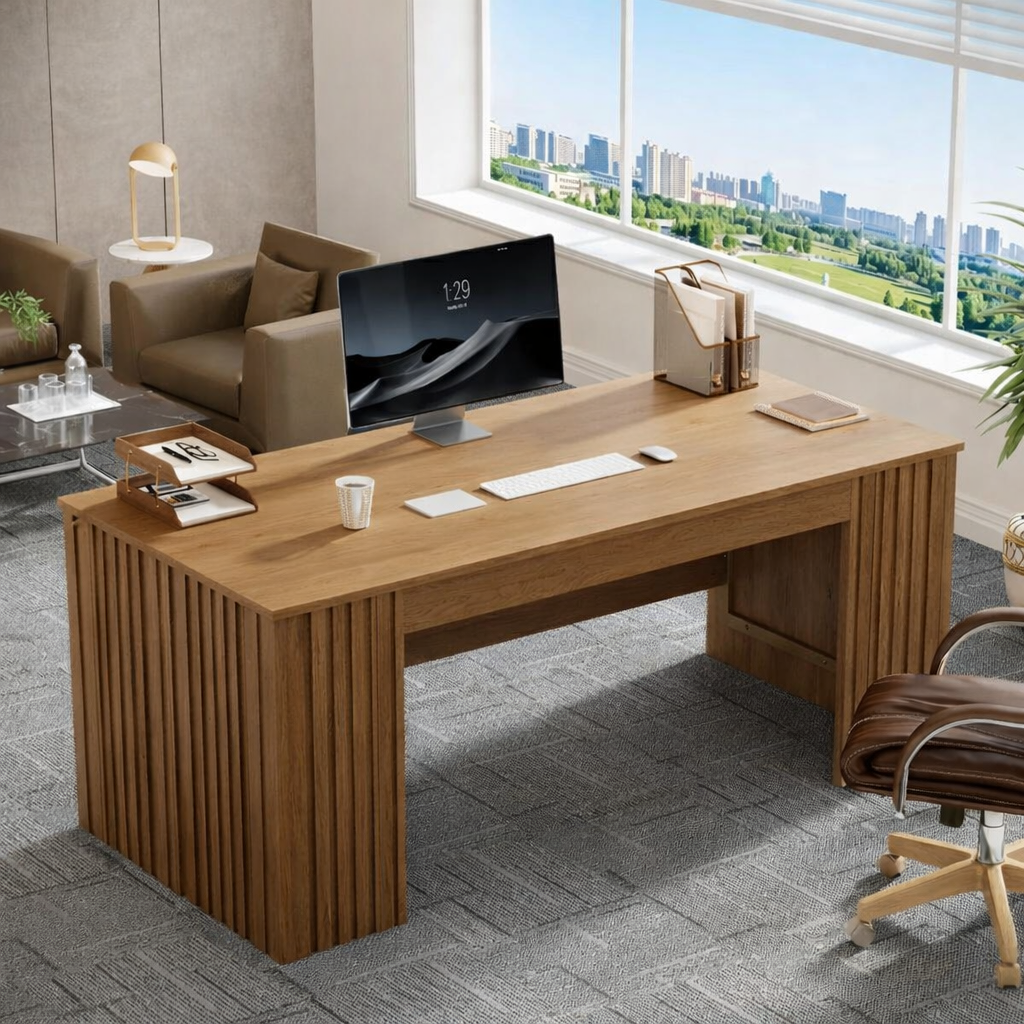 Modern Fluted Executive Desk, Large Minimalist Home Office Workstation Writing Table