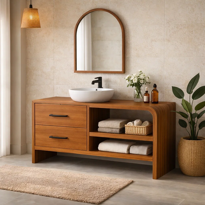 Modern Solid Wood Bathroom Vanity with Drawers and Open Shelf Storage Cabinet