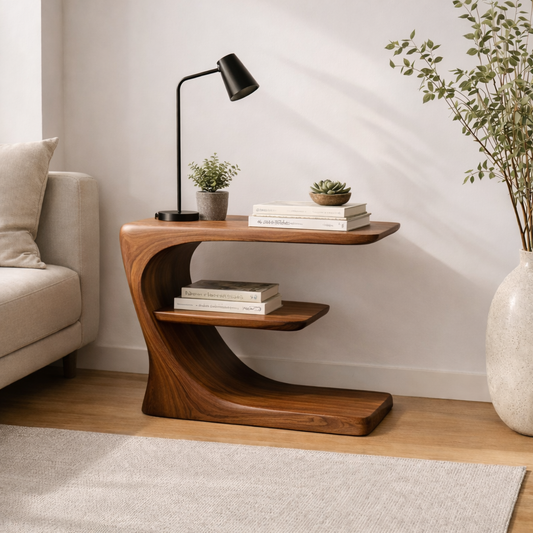 Solid Wood Curved End Table with Shelf – Modern Walnut C-Shape Side Table for Living Room Kitchnce