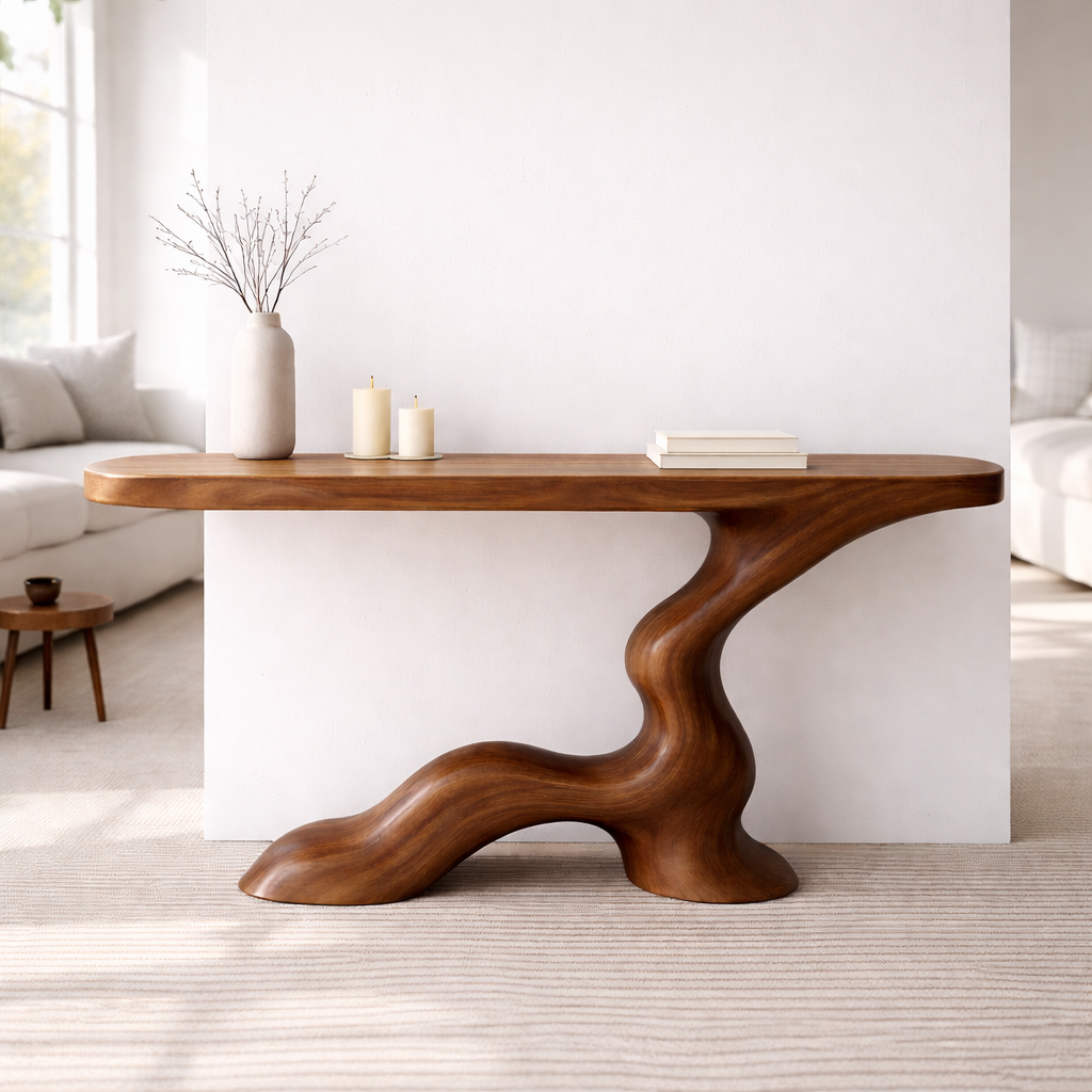 Modern Solid Wood Console Table, Sculptural Curved Base Entryway Hallway Walnut Statement Furniture Kitchnce