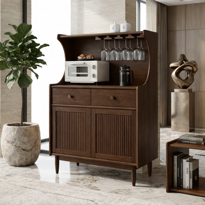 Contemporary Fluted Wooden Coffee-Bar Cabinet, Glassware Storage Entertaining Hutch
