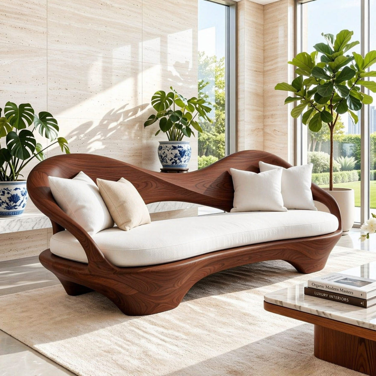 Organic Modern Wooden Sofa, Sculptural Statement Couch with Plush White Cushions