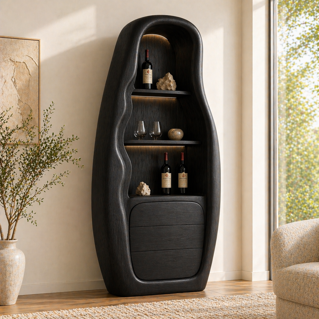 Sculptural Tall Wine Cabinet Freestanding Bar Storage Display Shelves With Drawers