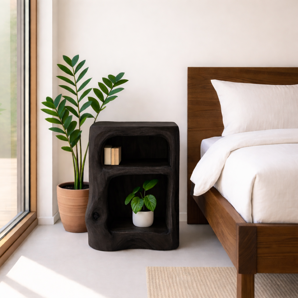 Solid Wood Nightstand with Open Shelves - Natural Live Edge Design Kitchnce