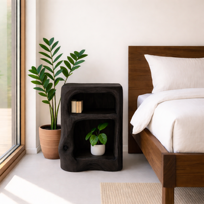 Solid Wood Nightstand with Open Shelves - Natural Live Edge Design Kitchnce