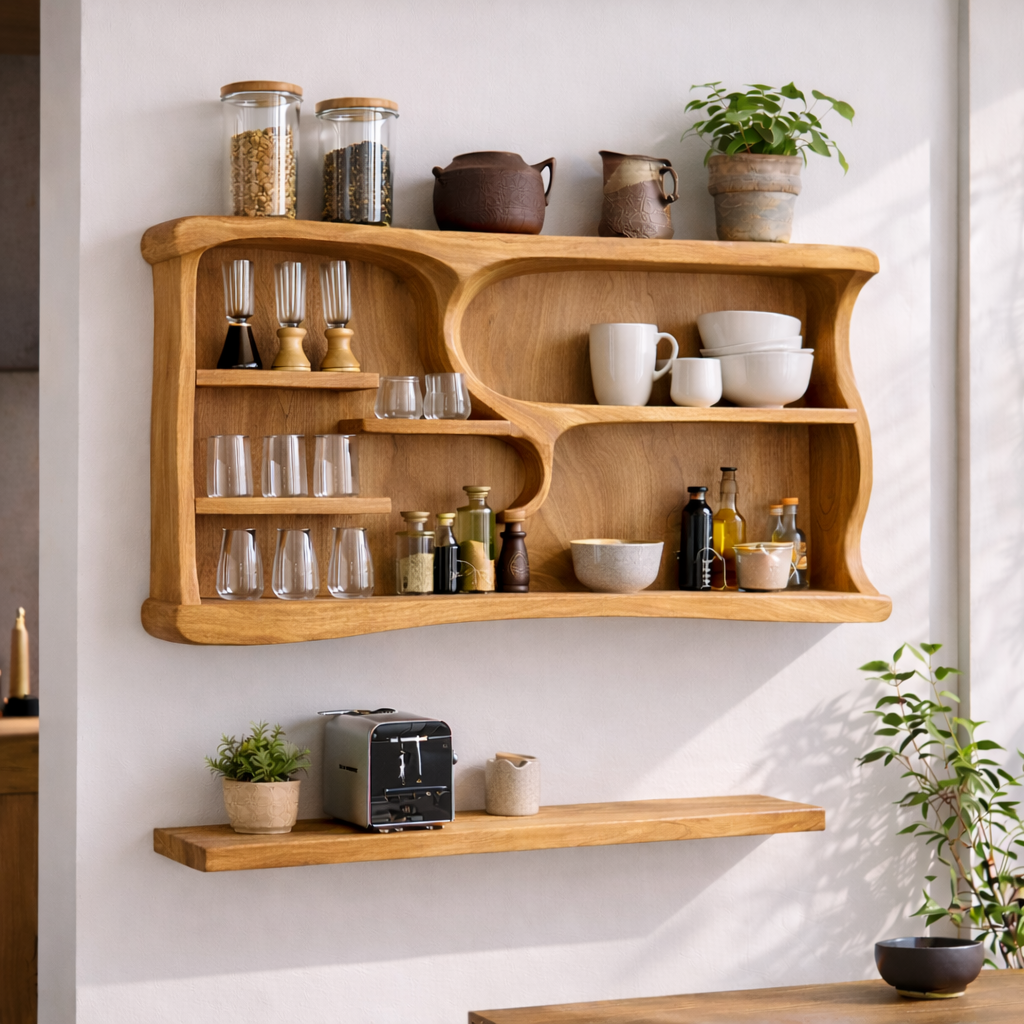 Solid Wood Kitchen Cabinet Shelf – Curved Open Wall Storage for Modern Kitchens