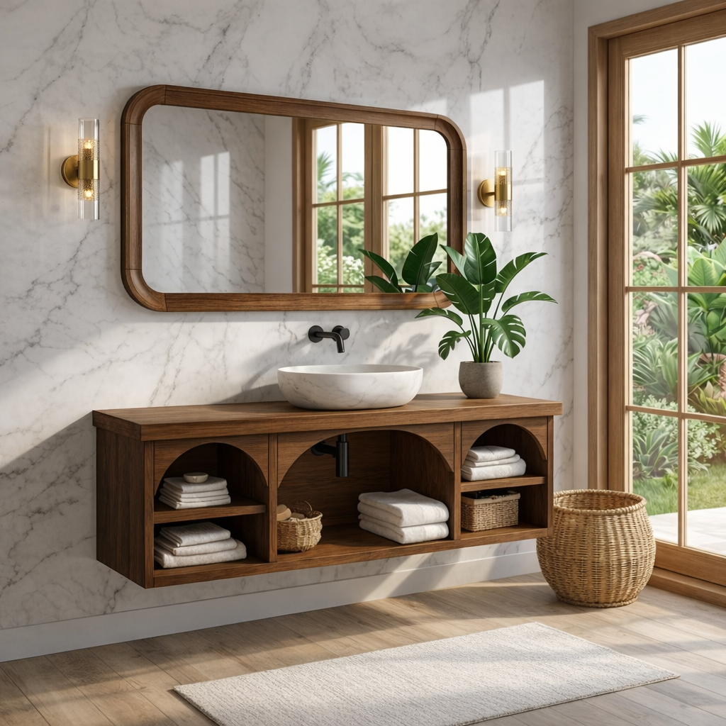 Solid Wood Floating Vanity with Arched Storage and Modern Design Kitchnce