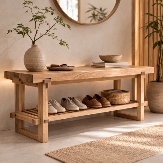 Solid Oak Entryway Bench with Storage Shelf | Modern Hallway Seating Kitchnce