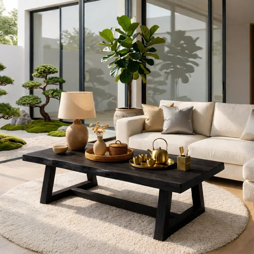 Rustic Solid Wood Coffee Table with Live Edge Top and Trestle Base for Living Room Kitchnce