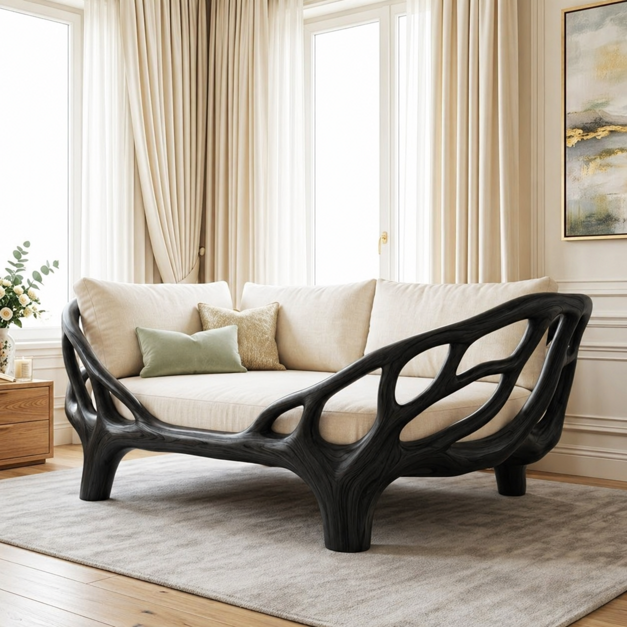 Contemporary Sculptural Daybed Sofa With Open Frame, Cream Cushions, Luxury Lounge