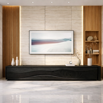 Handcrafted Solid Wood TV Stand with Black Wave Front, Entertainment Centerpiece