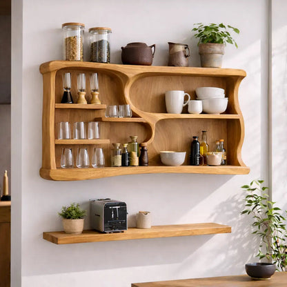 Solid Wood Kitchen Cabinet Shelf – Curved Open Wall Storage for Modern Kitchens Kitchnce