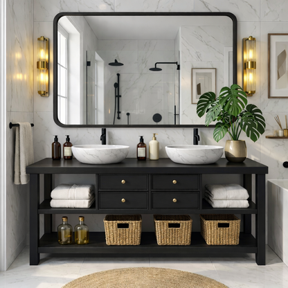 Modern Wooden Bathroom Vanity with Dual Marble Sinks and Ample Storage Kitchnce