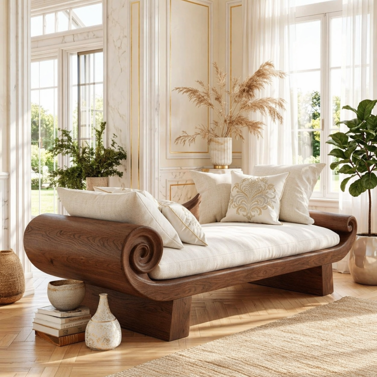 Scrolled Arm Daybed Sofa, Sculptural Luxury Accent Seating for Elegant Interiors