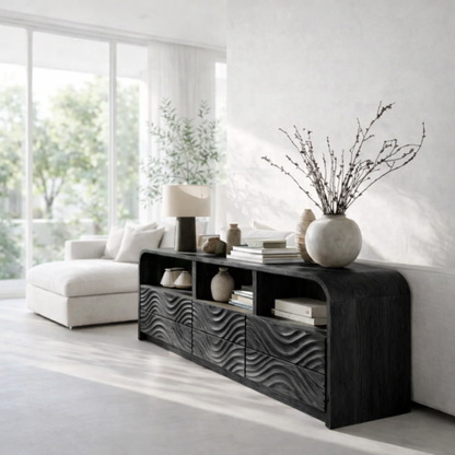 Solid Wood Sideboard Console with Wave Carved Drawers & Open Shelf Cabinet