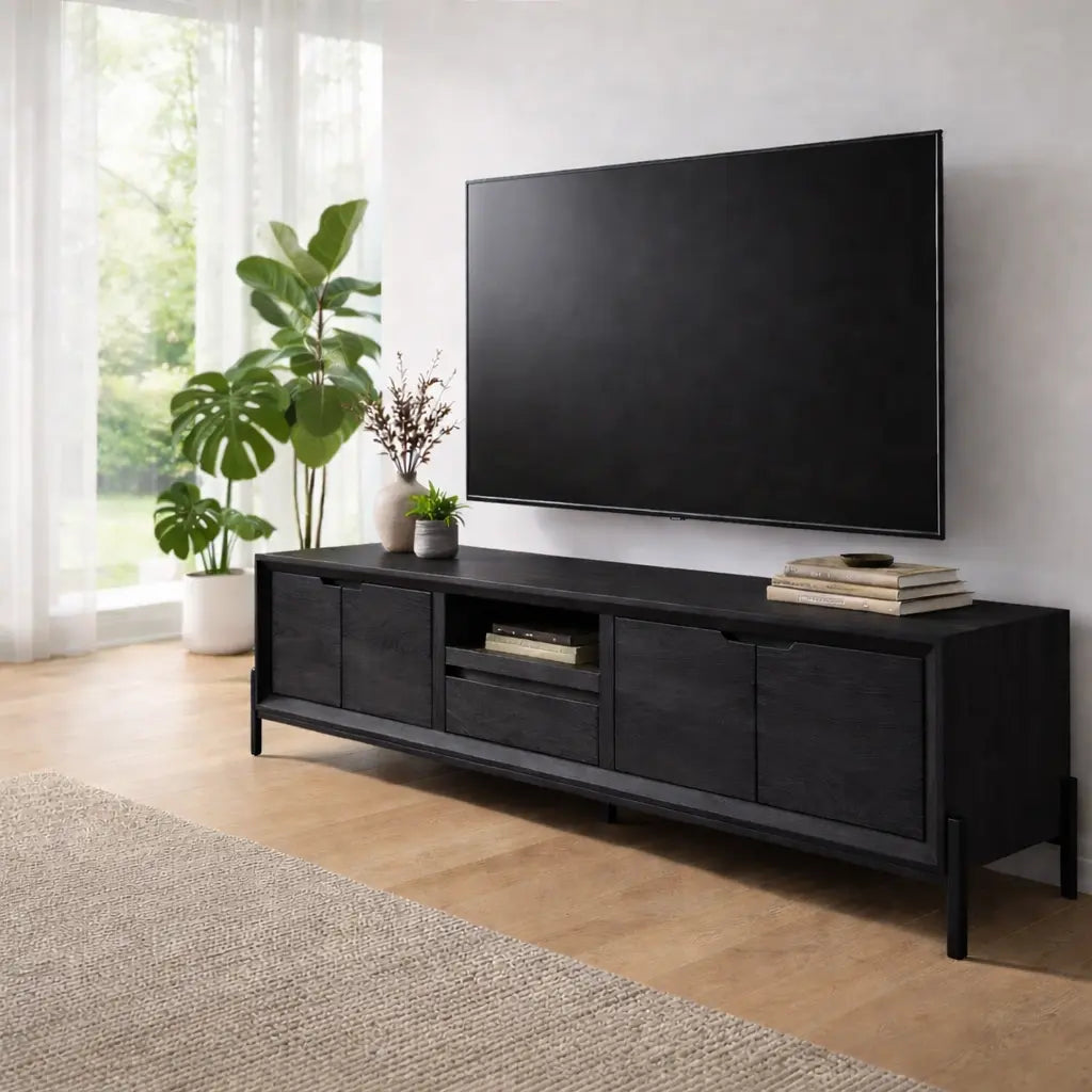 Solid Wood TV Cabinet – Modern Walnut Media Console with Storage Kitchnce