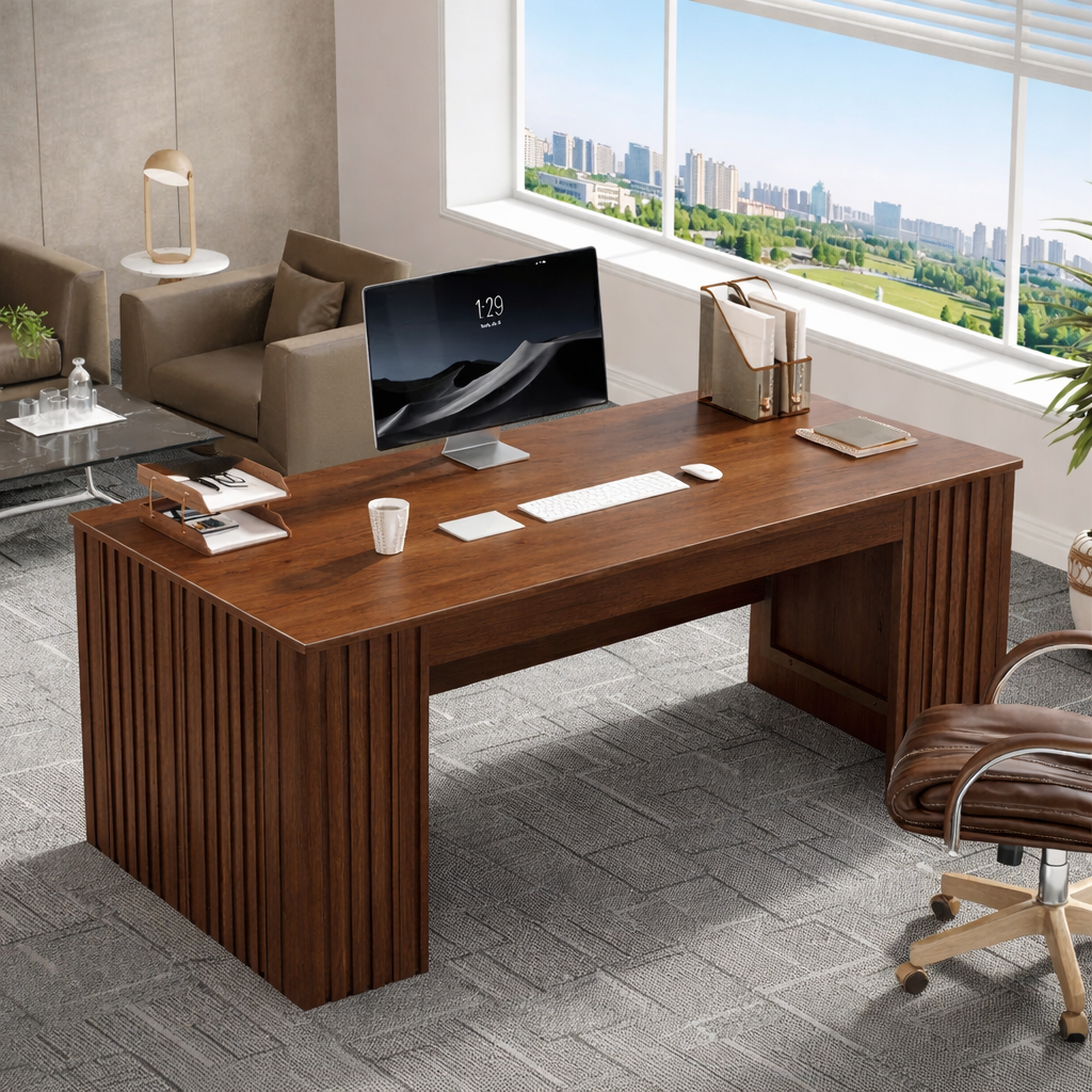 Modern Fluted Executive Desk, Large Minimalist Home Office Workstation Writing Table