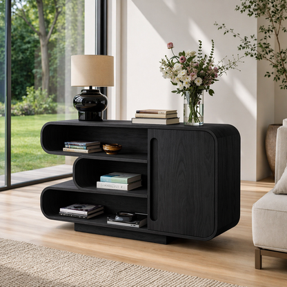 Curved Solid Wood Console Sideboard – Modern Walnut Storage Cabinet with Shelves