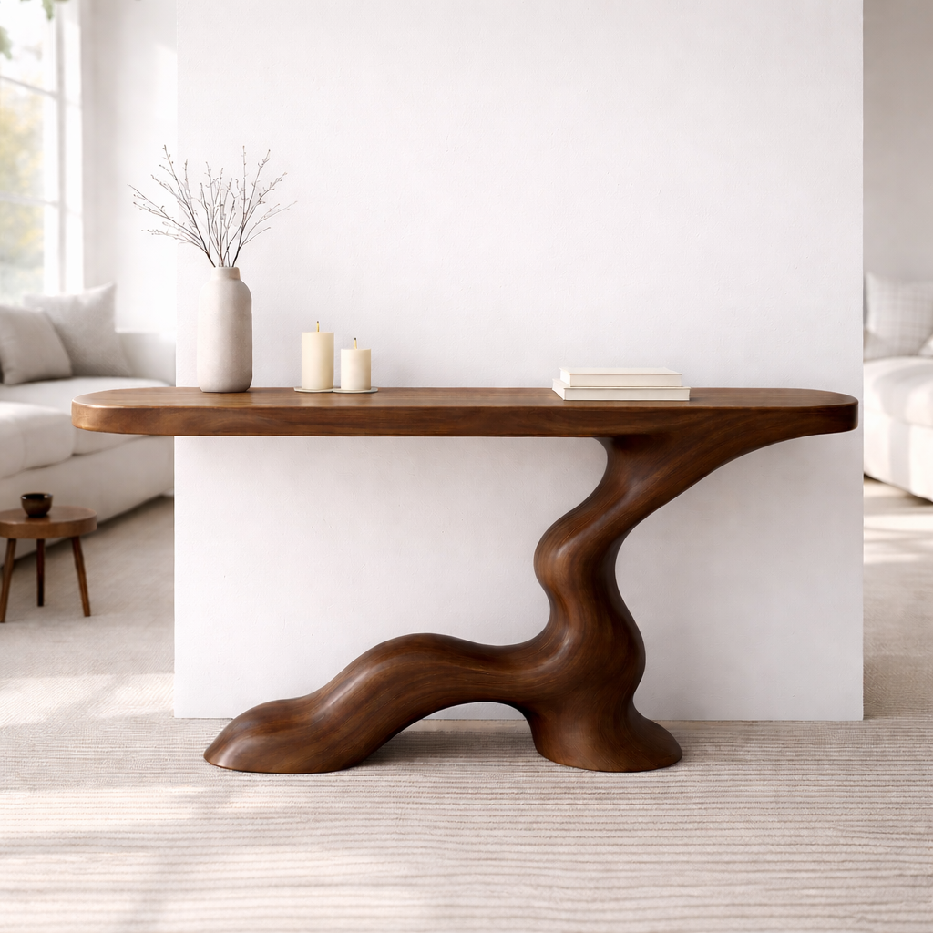 Modern Solid Wood Console Table, Sculptural Curved Base Entryway Hallway Walnut Statement Furniture Kitchnce