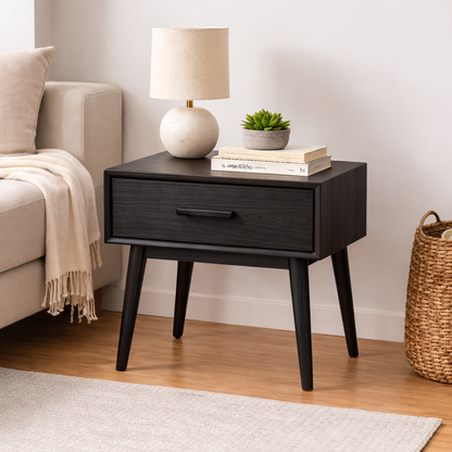 Solid Wood End Table with Drawer – Mid Century Modern Walnut Nightstand Side Table Kitchnce