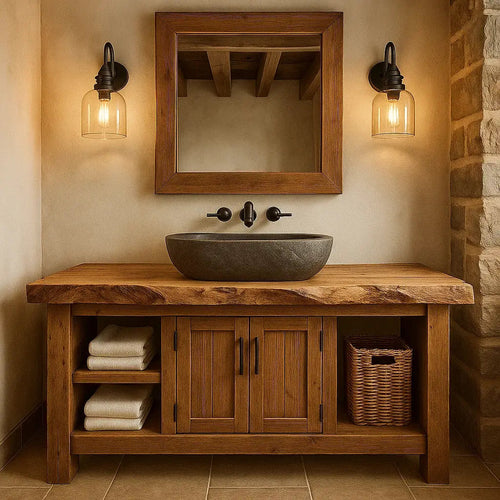 Handcrafted Solid Wood Bathroom Vanity with Live Edge Top and Double Door Storage Kitchnce