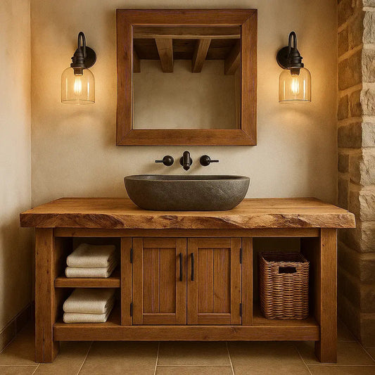 Handcrafted Solid Wood Bathroom Vanity with Live Edge Top and Double Door Storage Kitchnce