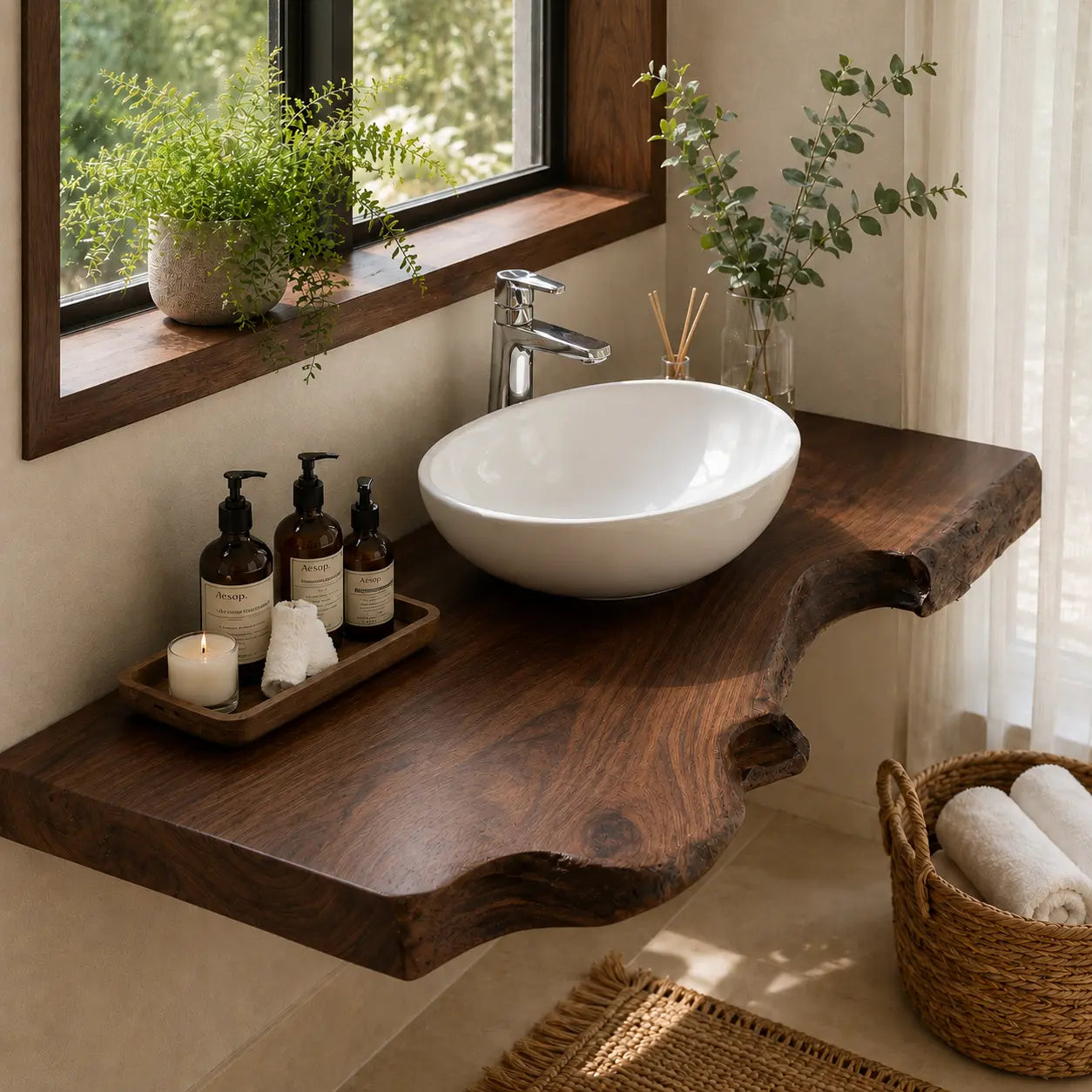Live Edge Floating Vanity Shelf | Rich Grain Solid Wood Bathroom Counter Kitchnce
