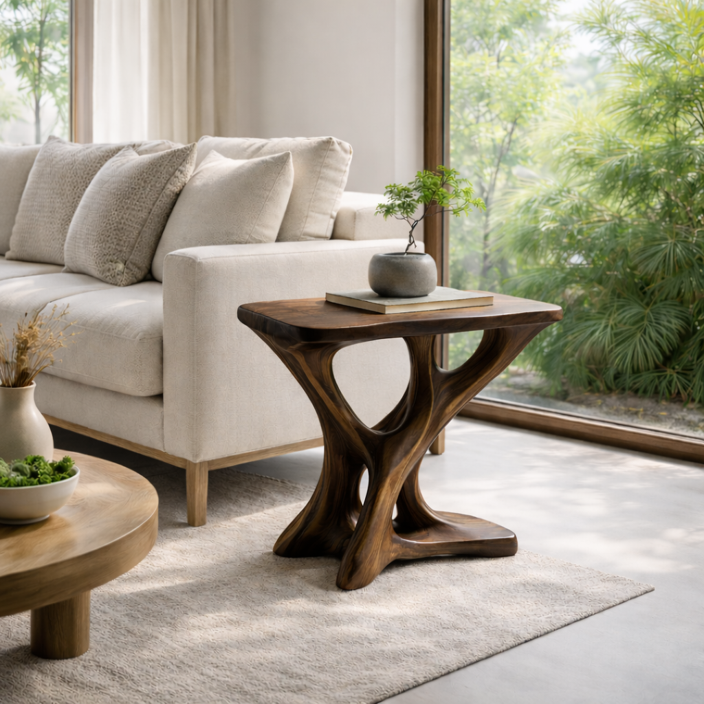 Solid Wood Sculptural End Table – Modern Organic Side Table for Living Room Kitchnce