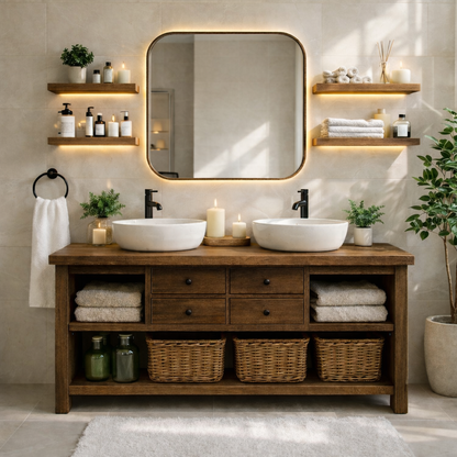 Modern Farmhouse Double Bathroom Vanity Cabinet With Drawers Open Shelf Storage Kitchnce