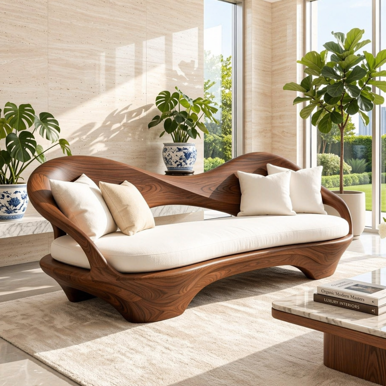 Organic Modern Wooden Sofa, Sculptural Statement Couch with Plush White Cushions
