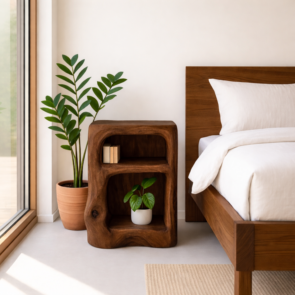 Solid Wood Nightstand with Open Shelves - Natural Live Edge Design Kitchnce