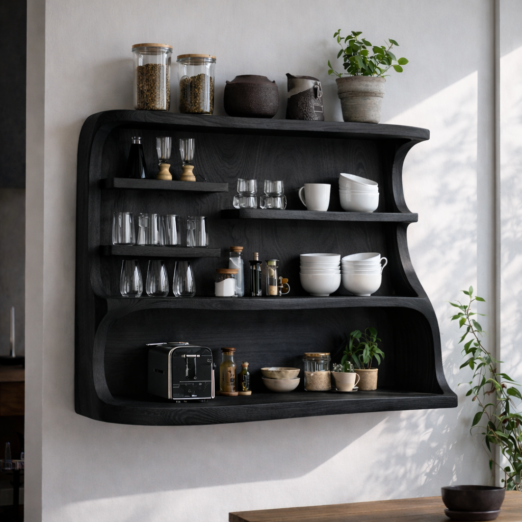 Solid Wood Floating Kitchen Cabinet with Open Shelves | Modern Storage Display