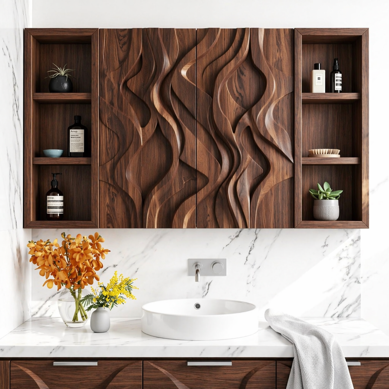 Floating Bathroom Cabinet, Carved Wall Mounted Vanity Organizer With Side Shelves