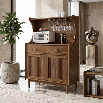 Contemporary Fluted Wooden Coffee-Bar Cabinet, Glassware Storage Entertaining Hutch