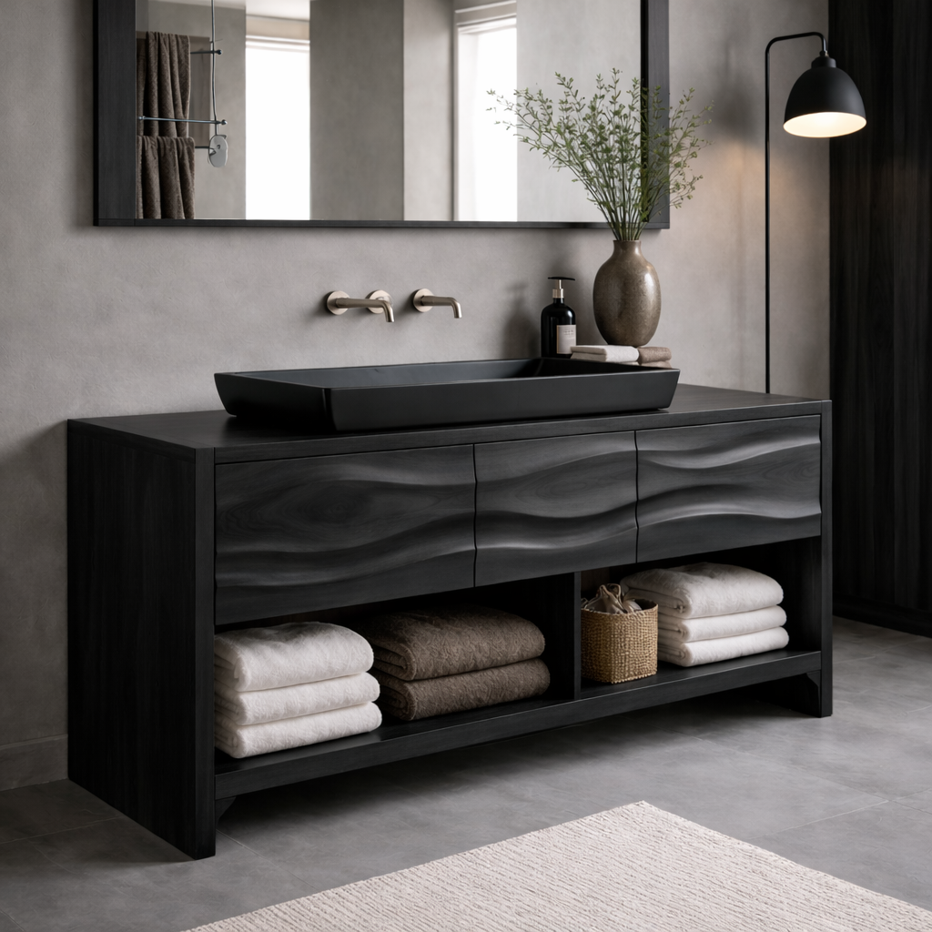 Solid Walnut Wood Bathroom Vanity Cabinet with Drawers & Open Shelf – Modern Vanity Base