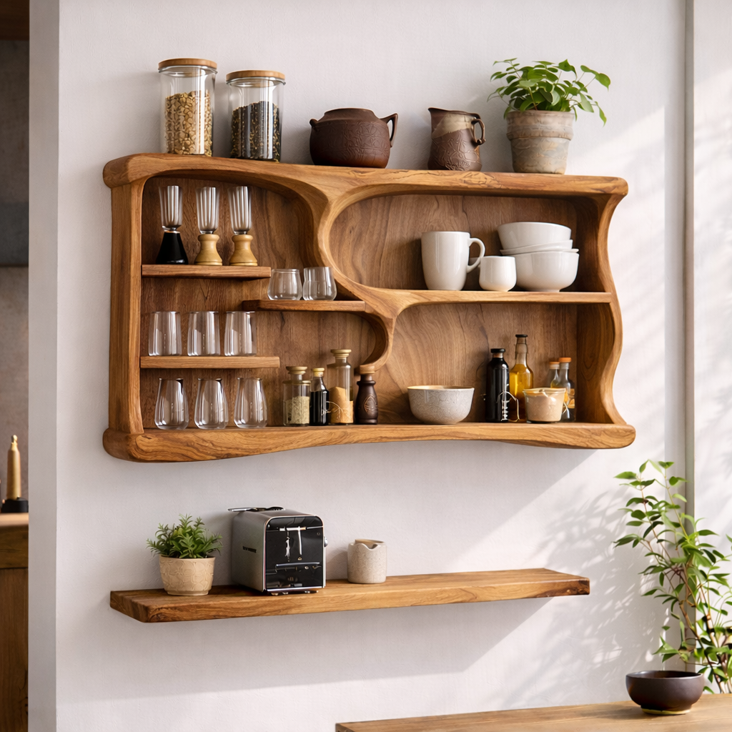 Solid Wood Kitchen Cabinet Shelf – Curved Open Wall Storage for Modern Kitchens