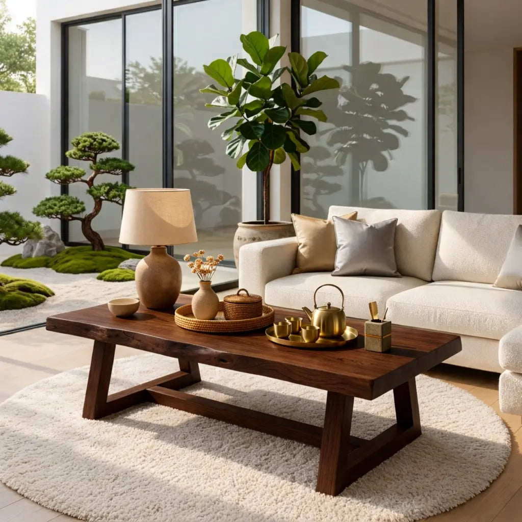 Rustic Solid Wood Coffee Table with Live Edge Top and Trestle Base for Living Room Kitchnce