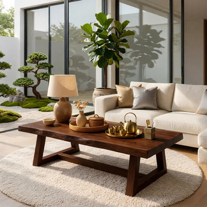 Rustic Solid Wood Coffee Table with Live Edge Top and Trestle Base for Living Room Kitchnce