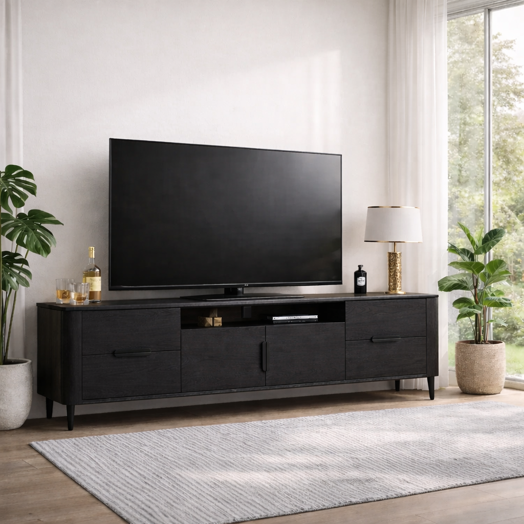 Modern Solid Wood TV Console with Drawers & Cabinets – Media Storage Stand