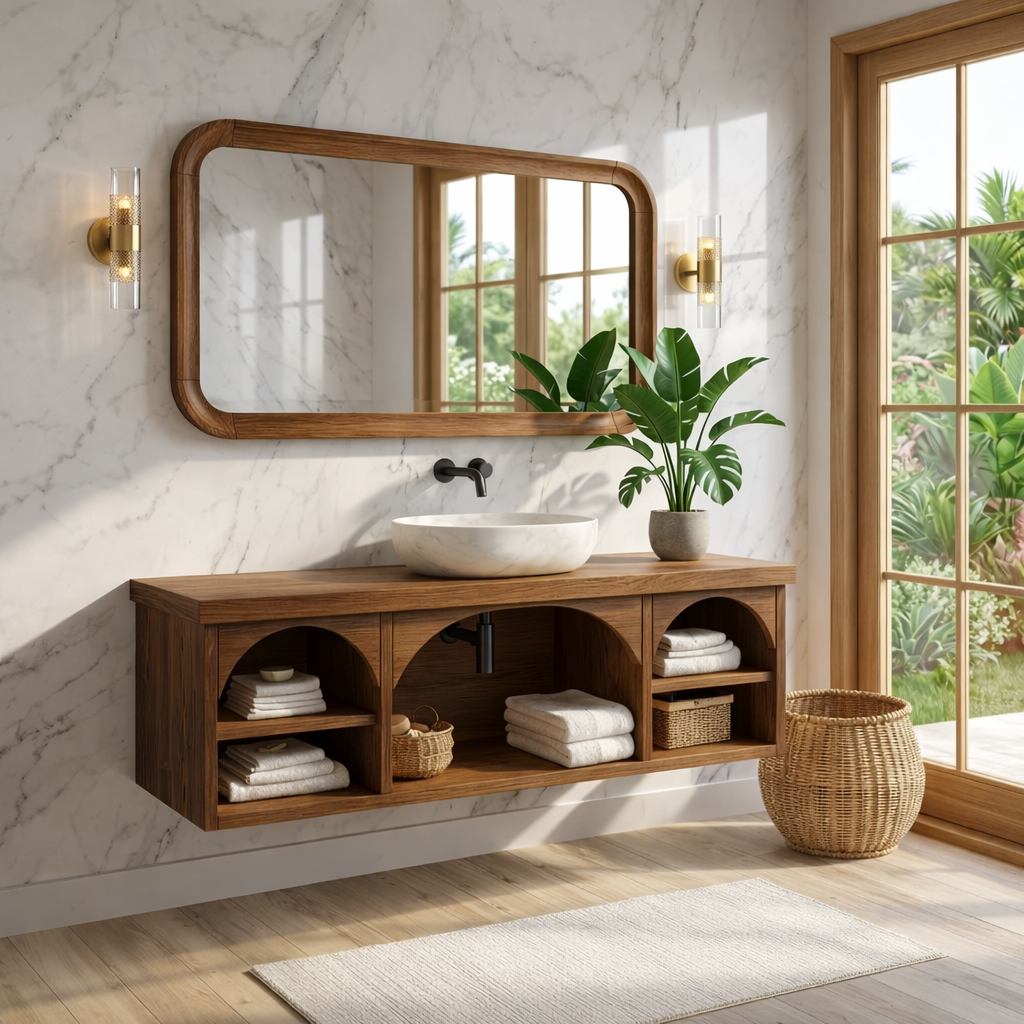 Solid Wood Floating Vanity with Arched Storage and Modern Design Kitchnce