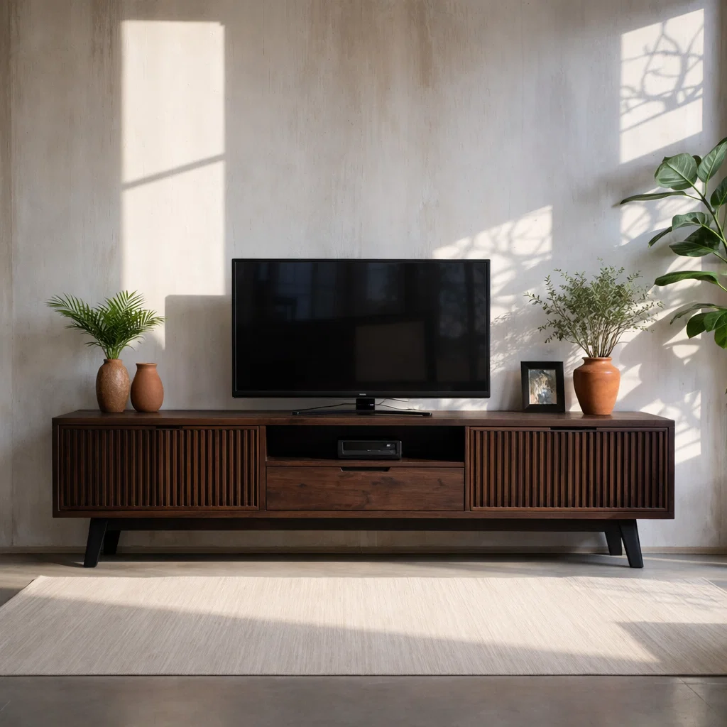 Solid Wood Media Console with Slatted Doors – Modern TV Stand with Storage
