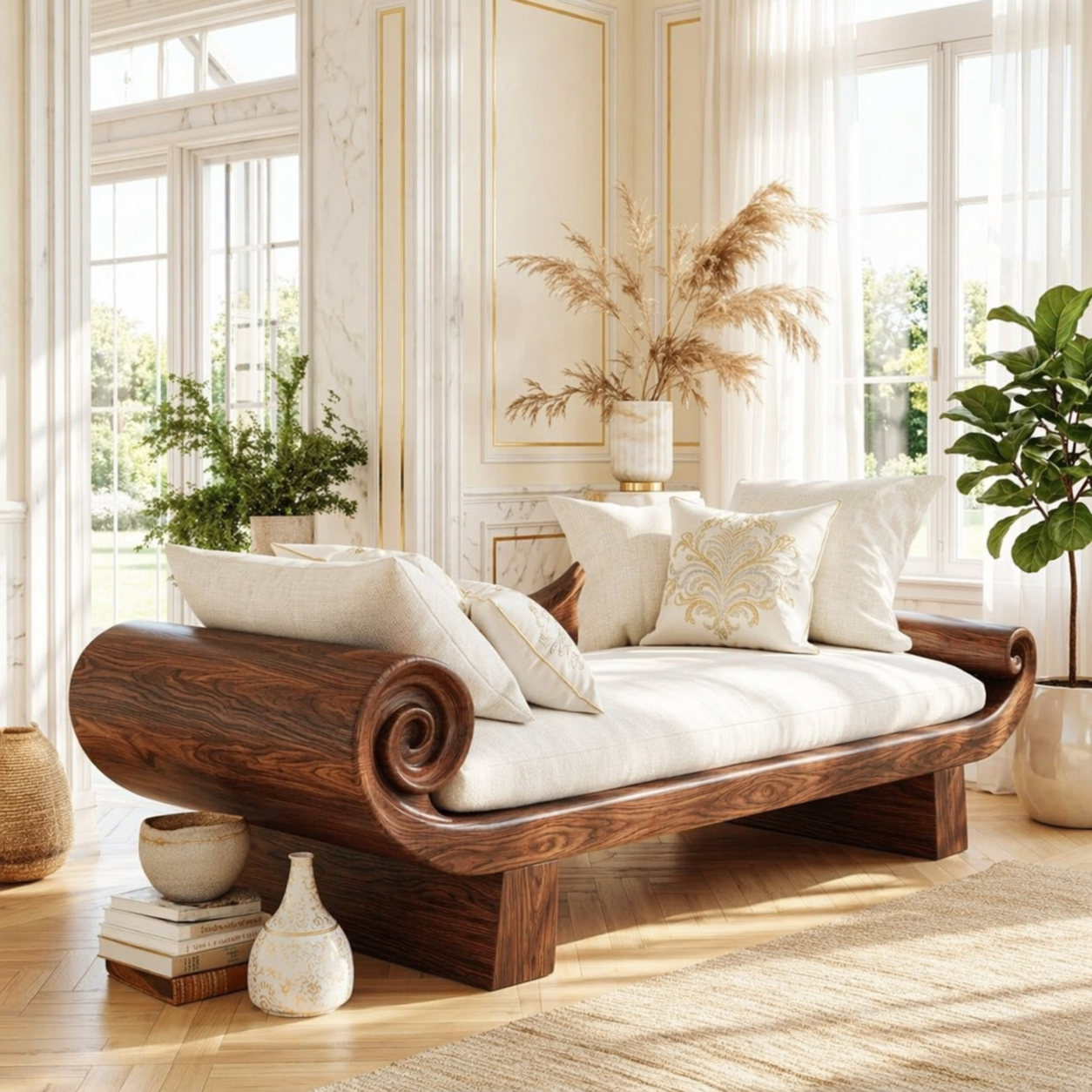 Scrolled Arm Daybed Sofa, Sculptural Luxury Accent Seating for Elegant Interiors