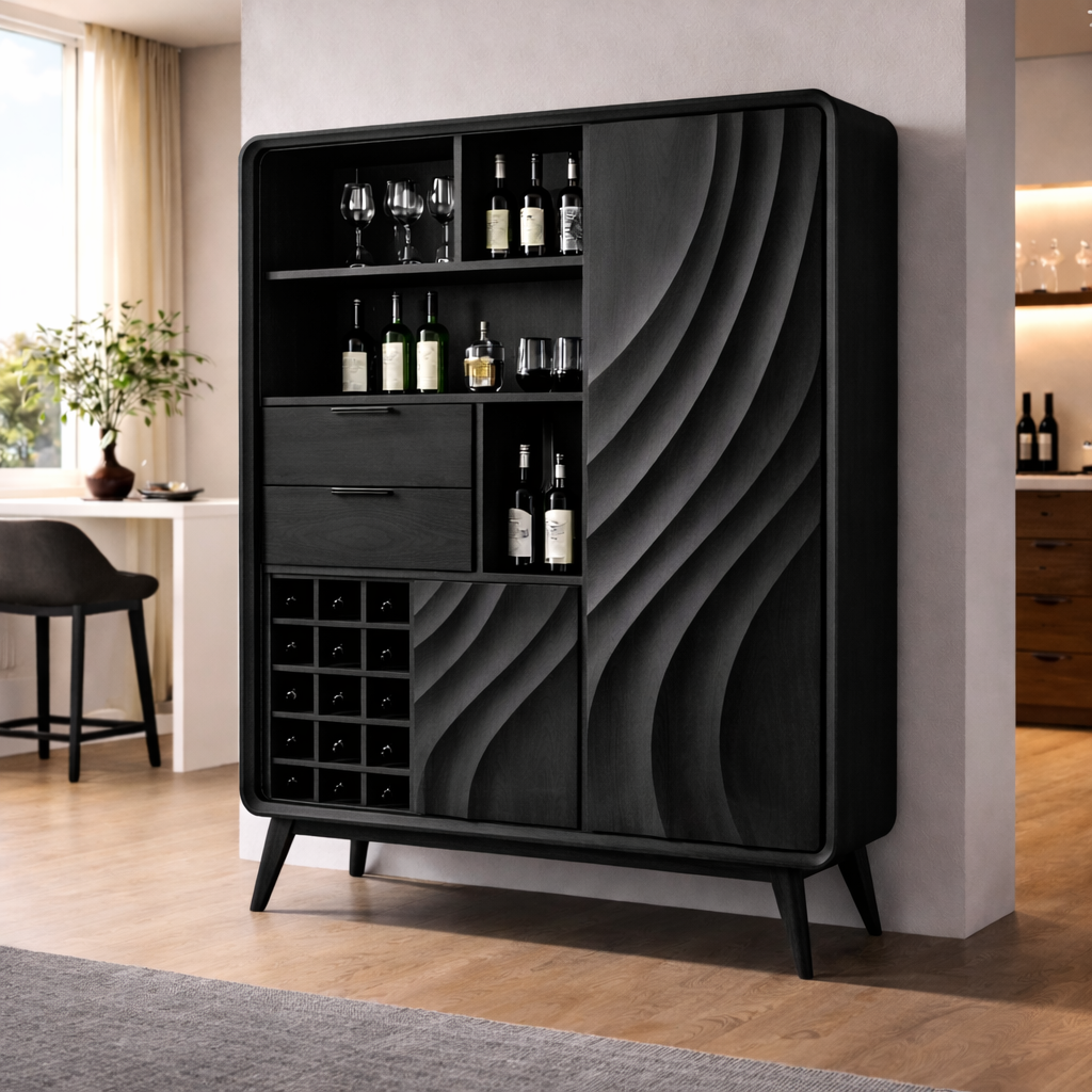 Solid Walnut Bar Cabinet with Wine Storage and Sculpted Wave Doors