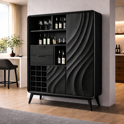 Solid Walnut Bar Cabinet with Wine Storage and Sculpted Wave Doors