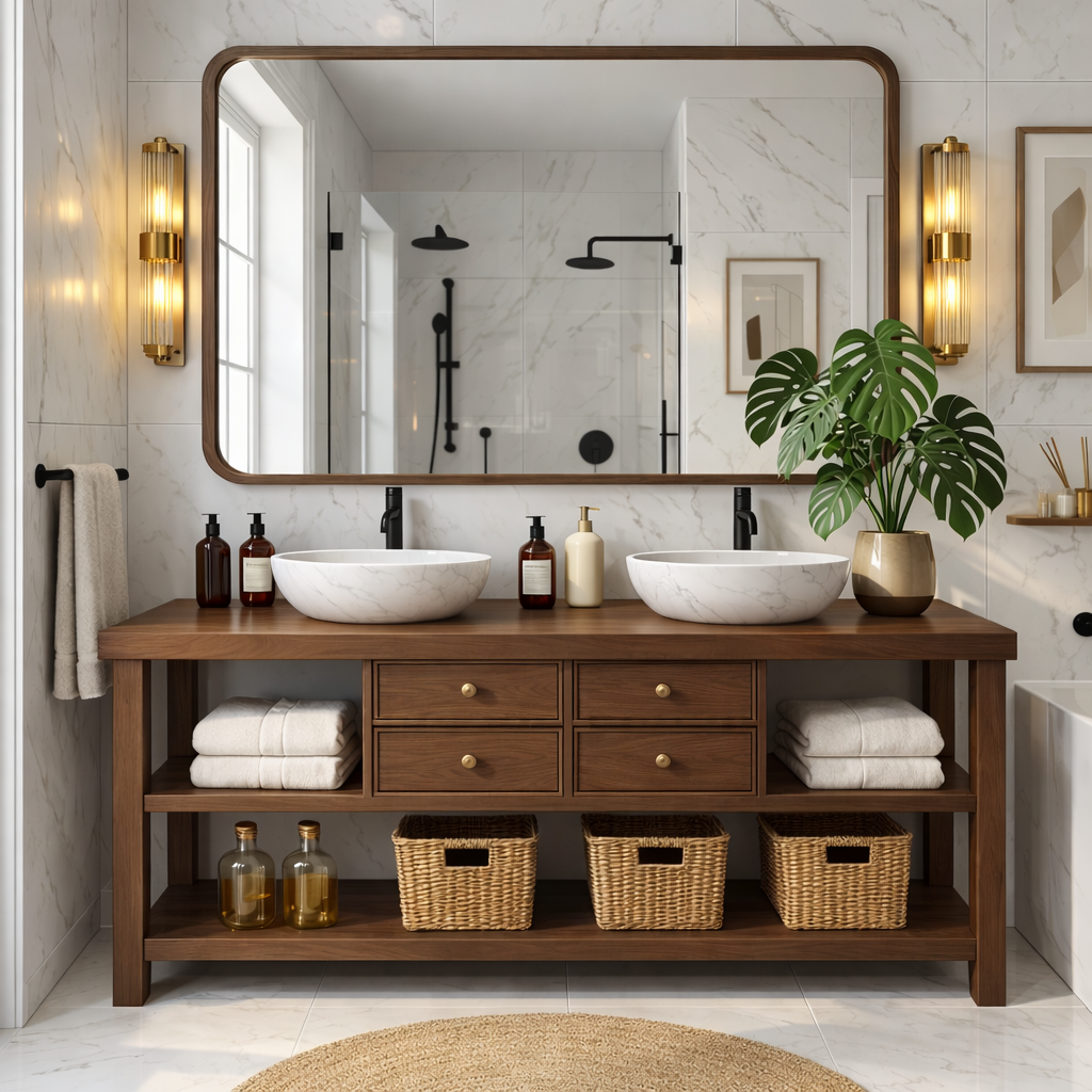 Modern Wooden Bathroom Vanity with Dual Marble Sinks and Ample Storage Kitchnce