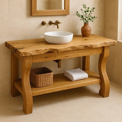 Handcrafted Solid Wood Bathroom Vanity with Curved Legs and Live Edge Countertop Kitchnce