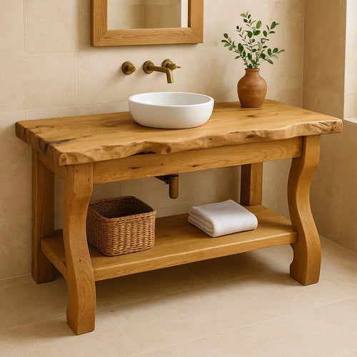 Handcrafted Solid Wood Bathroom Vanity with Curved Legs and Live Edge Countertop Kitchnce