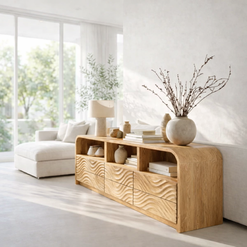 Solid Wood Sideboard Console with Wave Carved Drawers & Open Shelf Cabinet