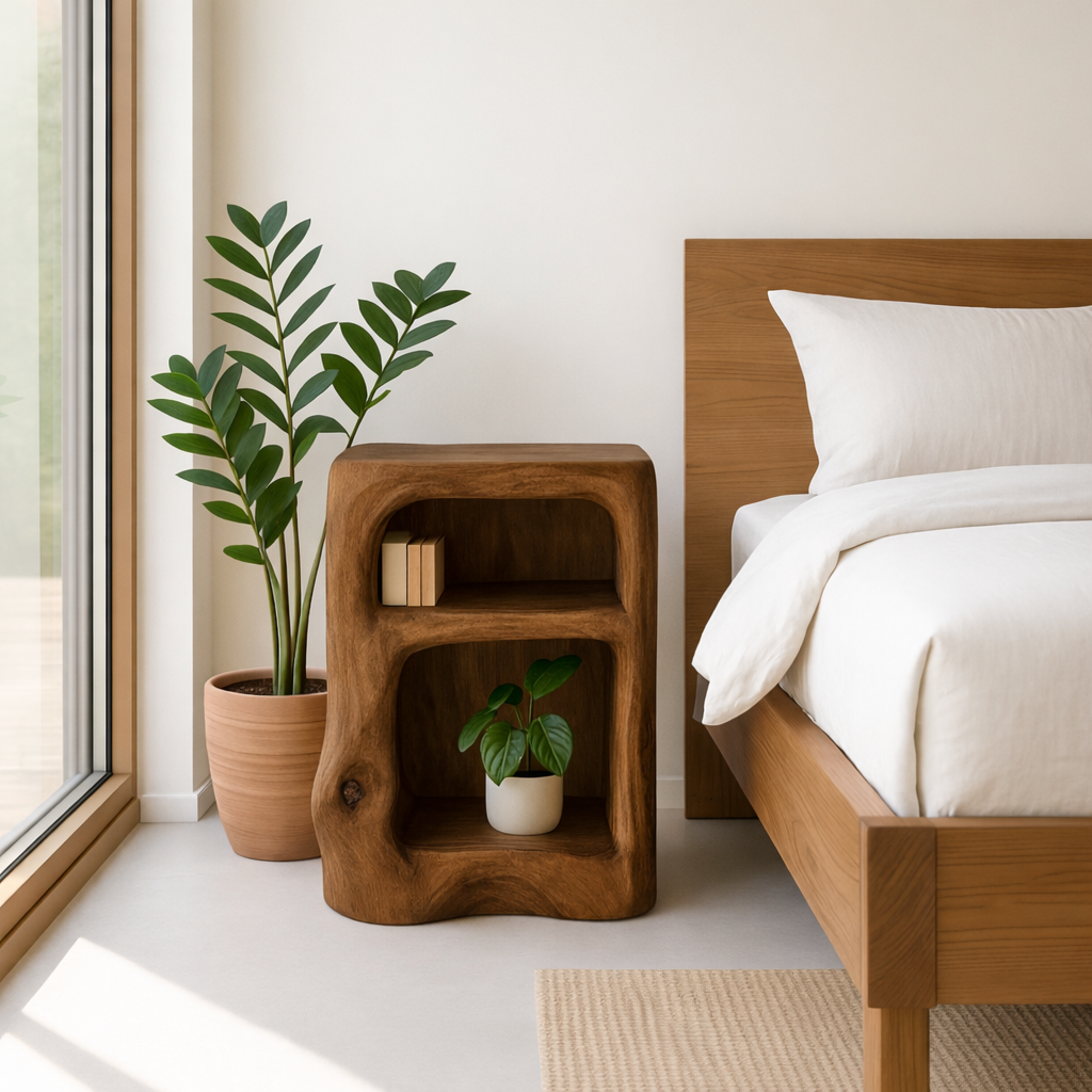 Solid Wood Nightstand with Open Shelves - Natural Live Edge Design Kitchnce